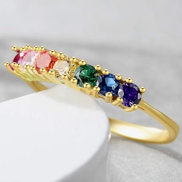 E 14K Gold Plated Rainbow Cubic Zirconia Eternity Ring Size 8 - Picture 2 of 7